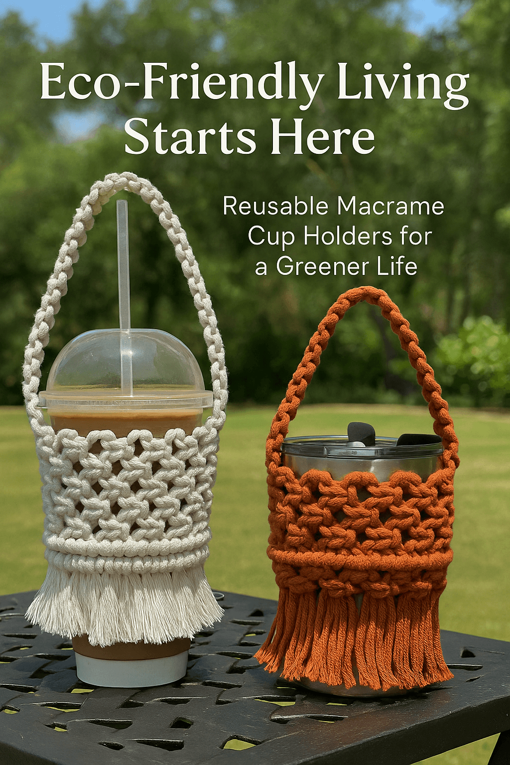 Reusable macrame cup holders in white and burnt orange, displayed outdoors under natural light, showcasing sustainable handmade design.