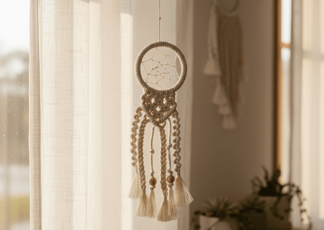 Handmade macrame mini dreamcatcher in ivory cotton cord with wooden beads
