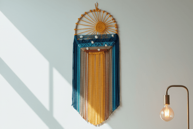 Handmade macrame wall hanging inspired by the sea and sunset, featuring warm yellow, orange, and blue cotton cords (3.5mm) on a wooden ring – Macrame Sea & Sunset Wall Hanging Video Tutorial by Macrya.