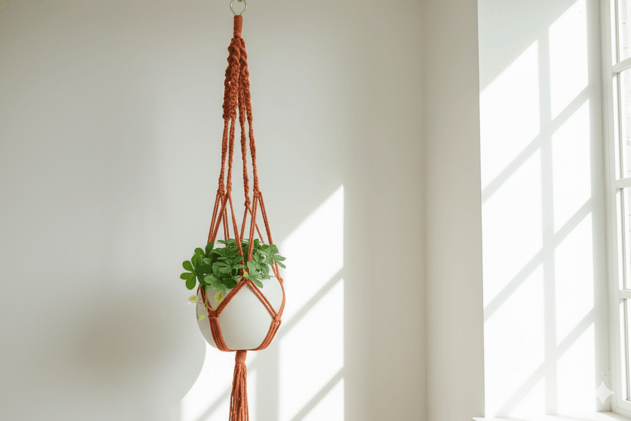 Handmade macrame plant hanger crafted with cotton cords in terracotta color, holding a white ceramic pot with green plants – Macrame Plant Hanger Video Tutorial by Macrya.