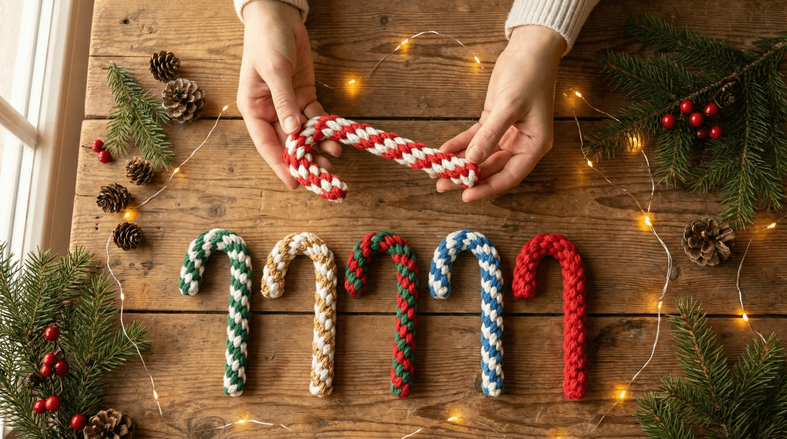 Handmade macrame candy canes in red, green, gold, and blue displayed on a wooden table with Christmas lights and pine branches — easy Crown Knot beginner project by Macrya.
