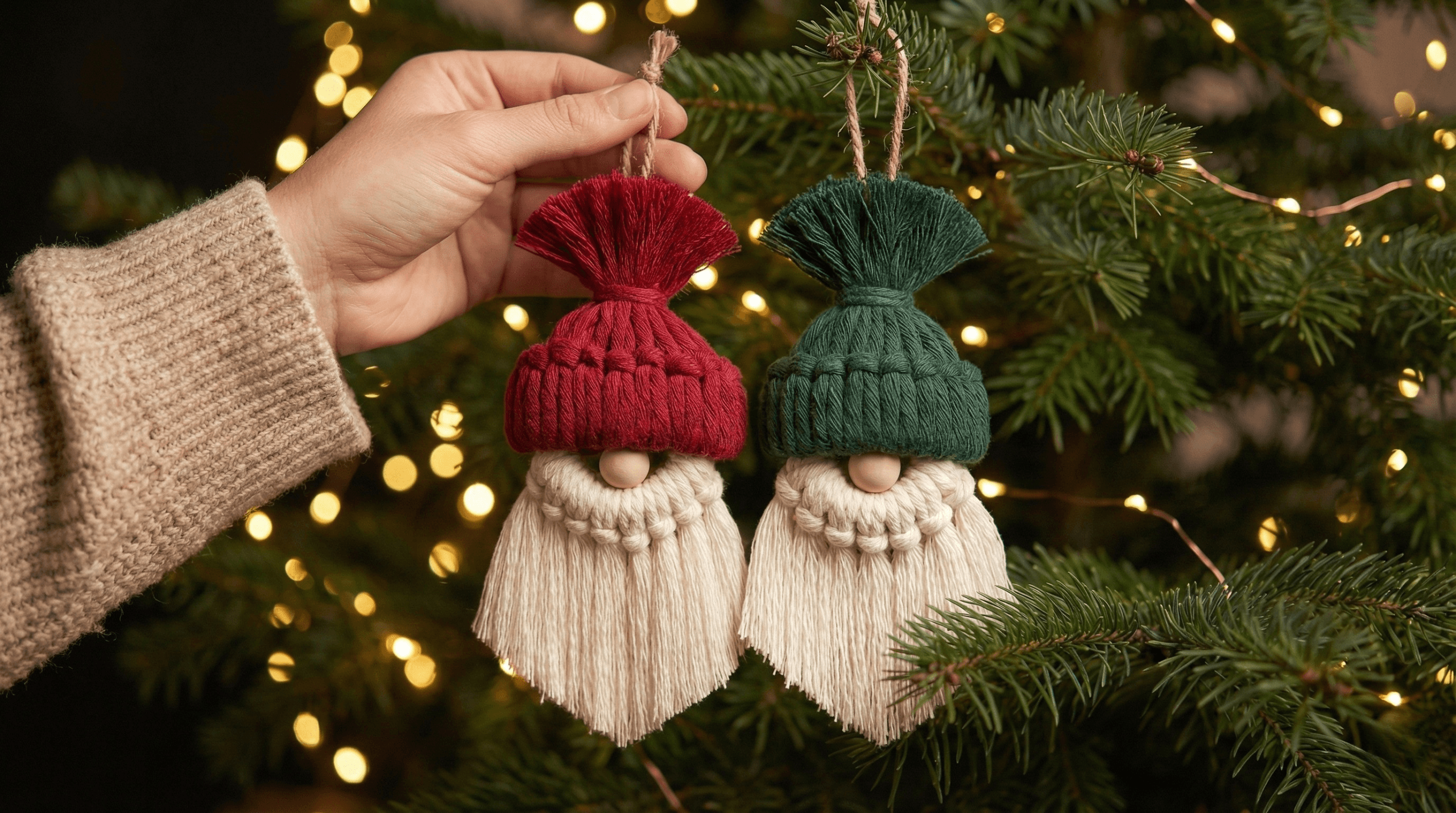 Handmade macrame gnome Christmas ornaments with braided cotton cord hats and fringed white beards, arranged on a rustic wooden background with holiday greenery and lights – Macrame Gnome Tutorial by Macrya.