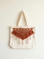 handmade macrame tote bag with boho fringe on canvas bag