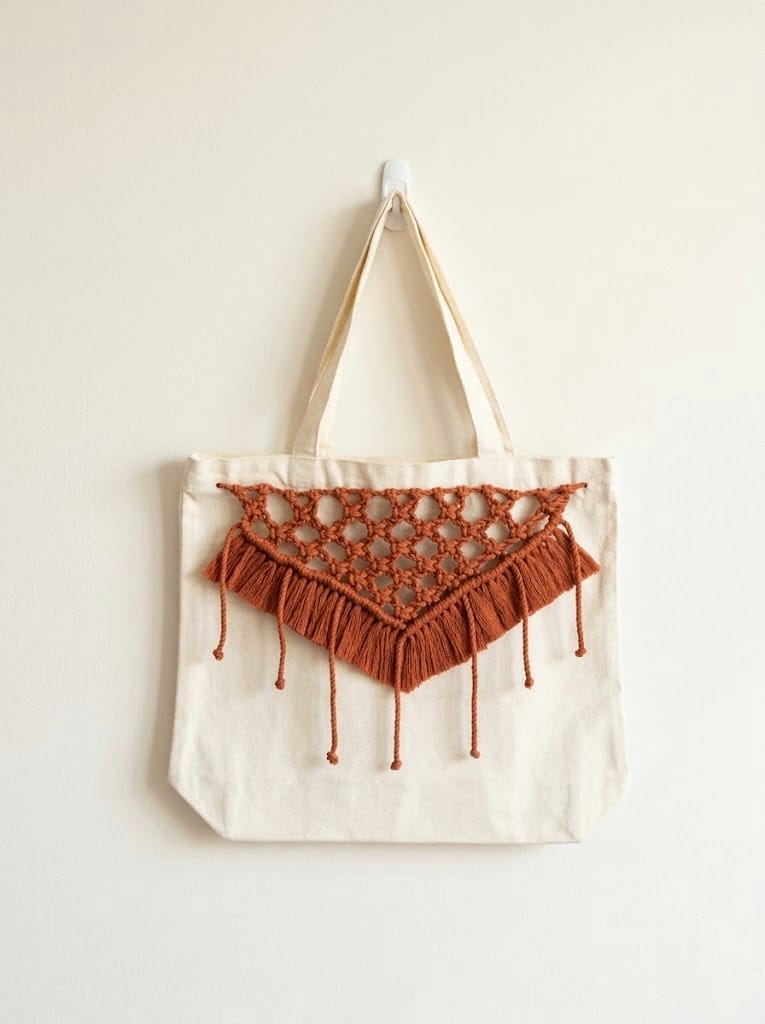 handmade macrame tote bag with boho fringe on canvas bag