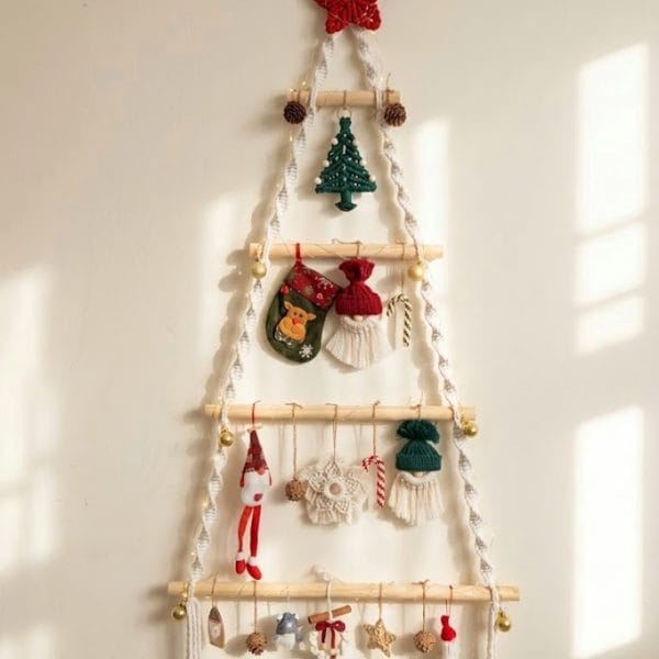 handmade macrame christmas ornaments set including snowflake gnome tree and wall hanging decor
