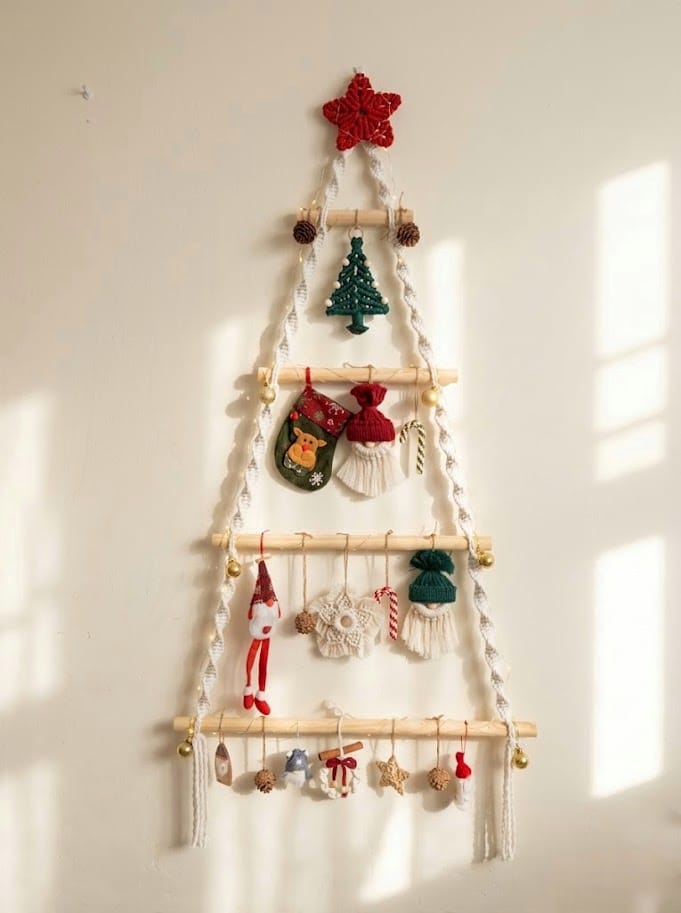 handmade macrame christmas ornaments set including snowflake gnome tree and wall hanging decor