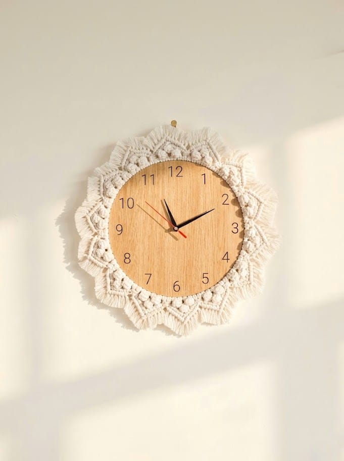 handmade macrame wall clock with wooden face and decorative cotton fringe in boho style